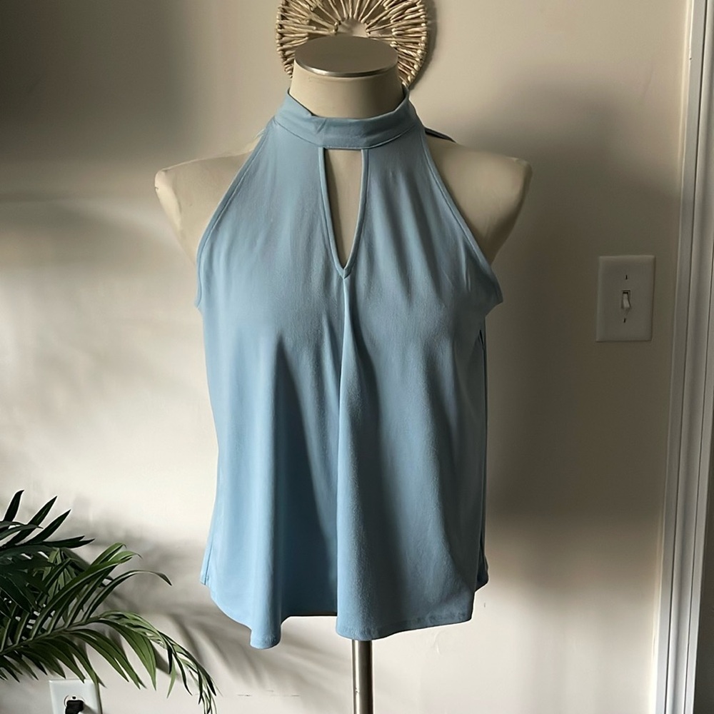 Banana Republic pale blue keyhole front, bow tie back flare top